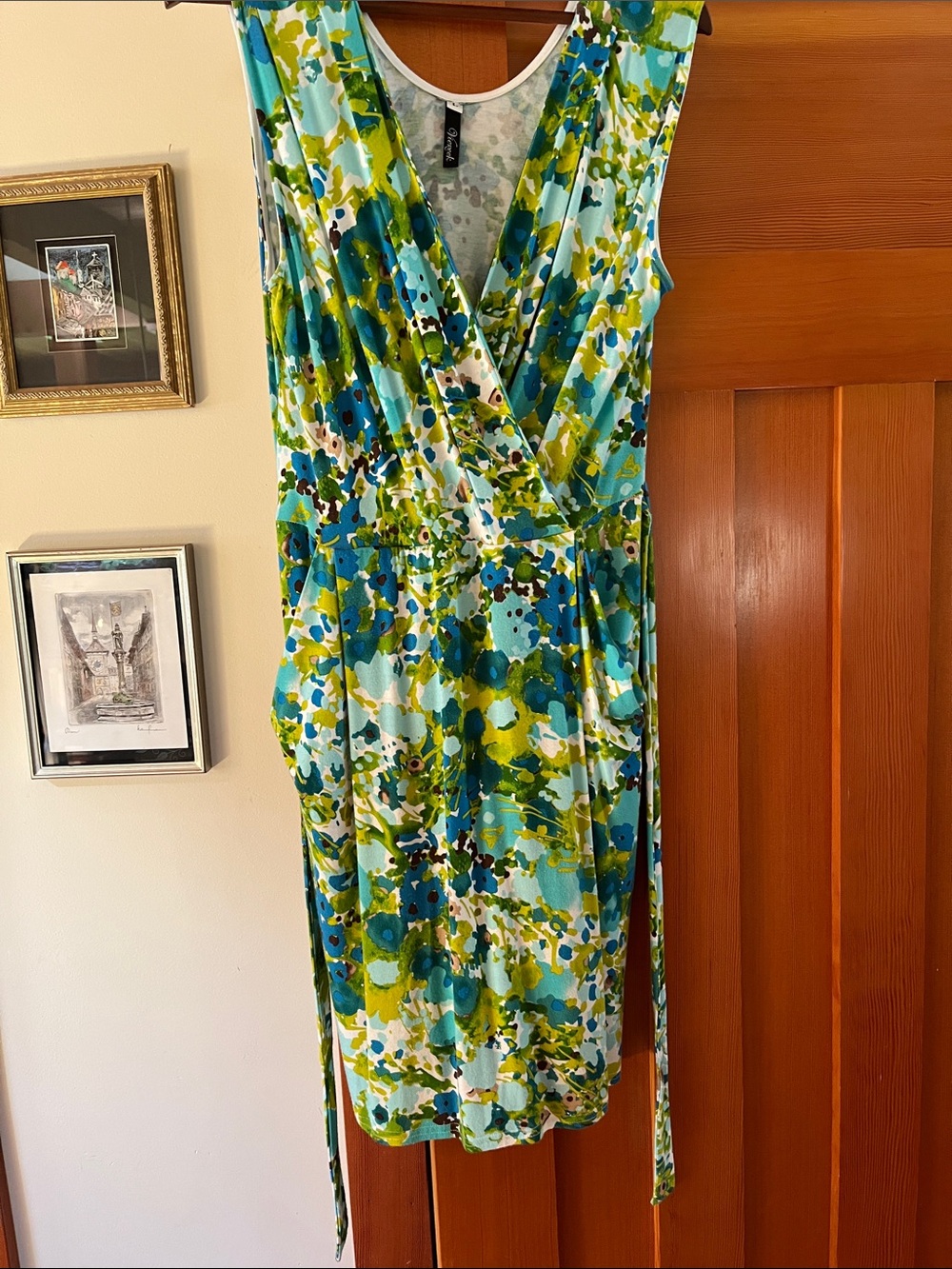 Sleeveless Wrap Midi Dress in Blue & Green Abstract Print